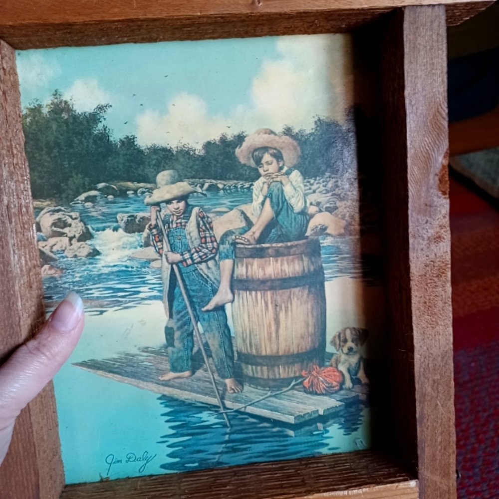 Vintage 1970s Huck Finn Tom Sawyer Jim Daly Wood Framed Art print